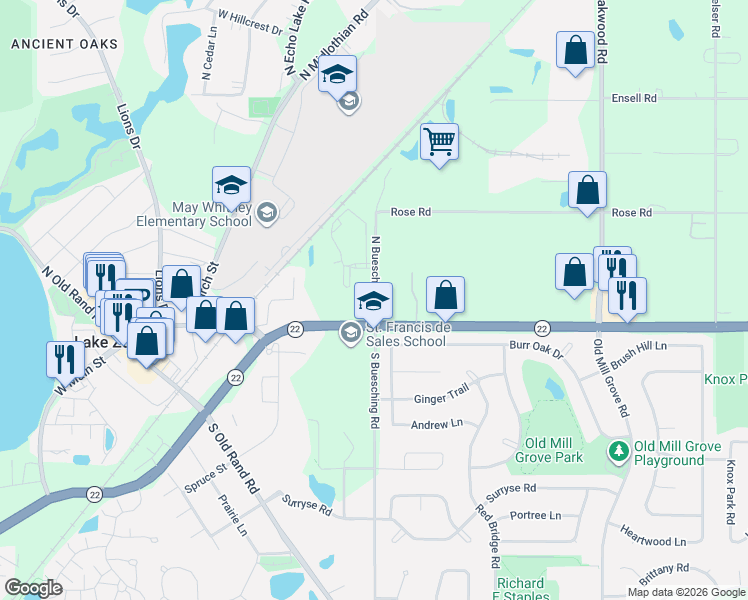 map of restaurants, bars, coffee shops, grocery stores, and more near 25 North Buesching Road in Lake Zurich