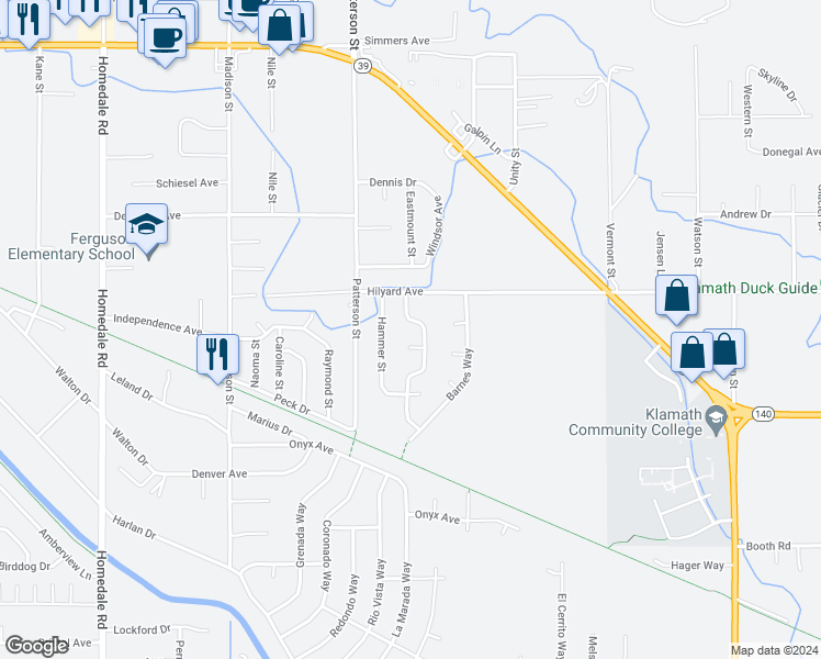 map of restaurants, bars, coffee shops, grocery stores, and more near 3032 Paramont Street in Klamath Falls