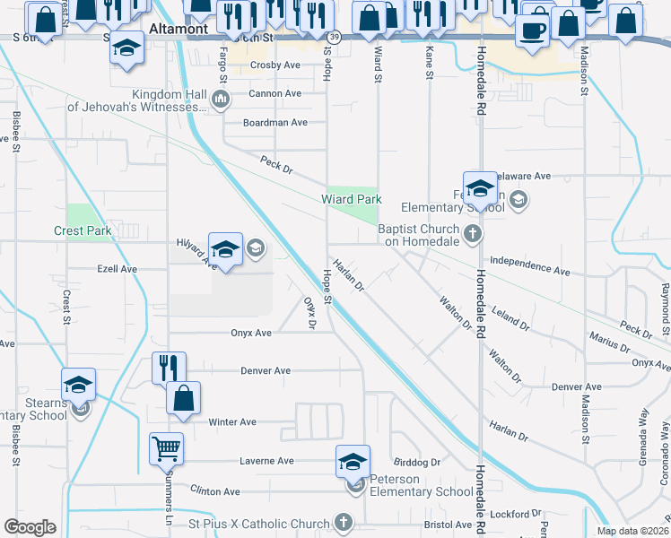map of restaurants, bars, coffee shops, grocery stores, and more near 4750 Harlan Drive in Klamath Falls