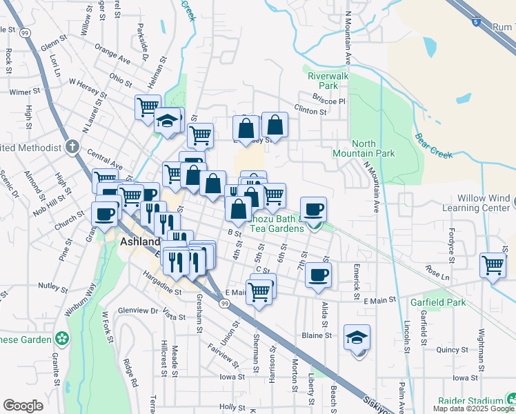 map of restaurants, bars, coffee shops, grocery stores, and more near 585 A Street in Ashland