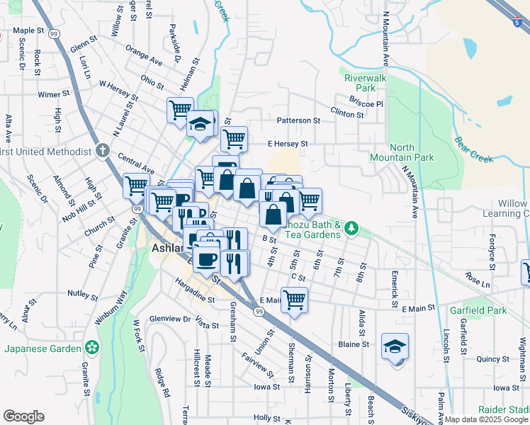 map of restaurants, bars, coffee shops, grocery stores, and more near 257 3rd Street in Ashland