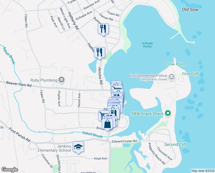 map of restaurants, bars, coffee shops, grocery stores, and more near 10 Beaver Dam Road in Scituate