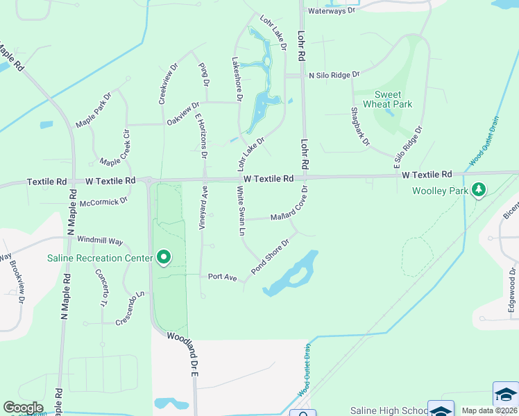 map of restaurants, bars, coffee shops, grocery stores, and more near 1632 Mallard Cove Drive in Ann Arbor
