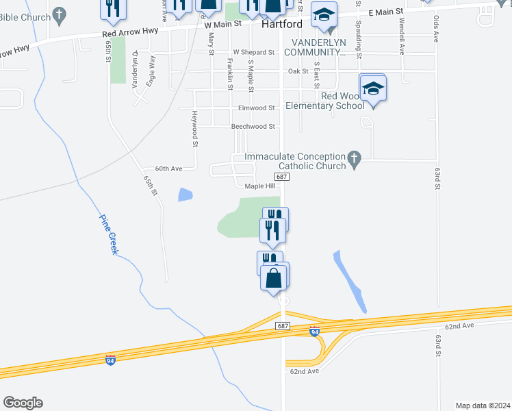 map of restaurants, bars, coffee shops, grocery stores, and more near 60440 County Road 687 in Hartford