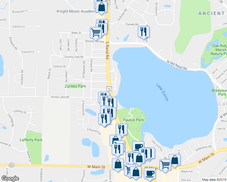 map of restaurants, bars, coffee shops, grocery stores, and more near 1 North Rand Road in Lake Zurich