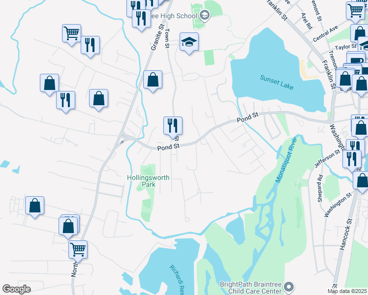 map of restaurants, bars, coffee shops, grocery stores, and more near 290 Pond Street in Braintree