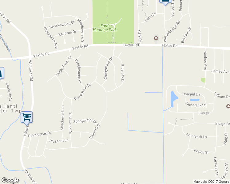 map of restaurants, bars, coffee shops, grocery stores, and more near 8327 Blue Jay Drive in Ypsilanti
