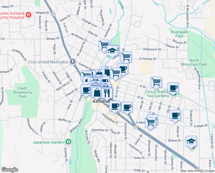 map of restaurants, bars, coffee shops, grocery stores, and more near B St & N Pioneer St in Ashland