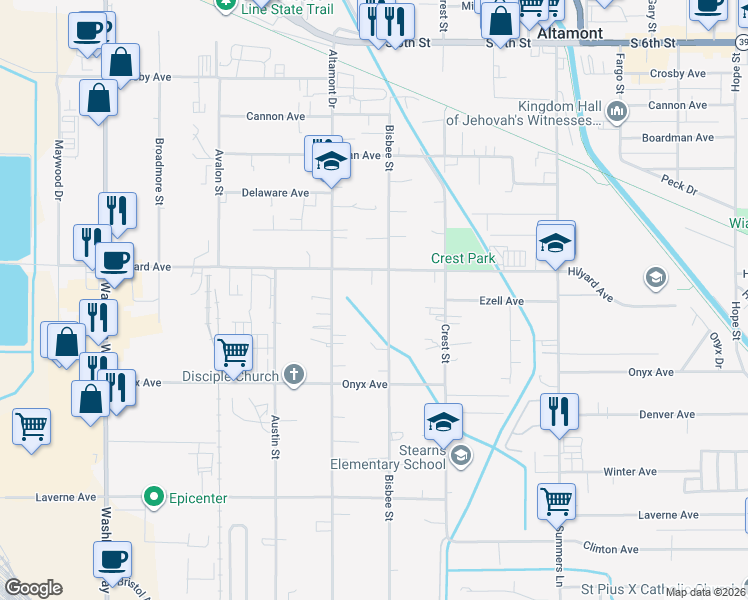map of restaurants, bars, coffee shops, grocery stores, and more near 3034 Bisbee Street in Klamath Falls
