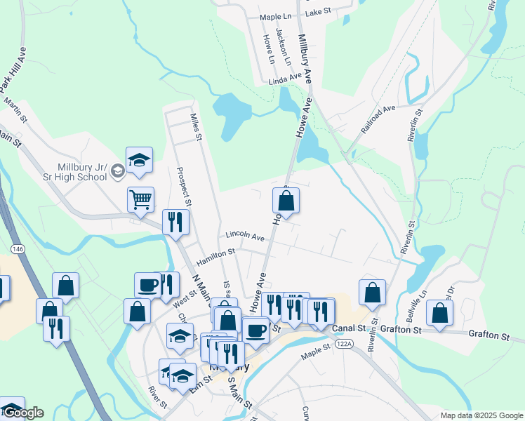 map of restaurants, bars, coffee shops, grocery stores, and more near 5 Patriots Place in Millbury