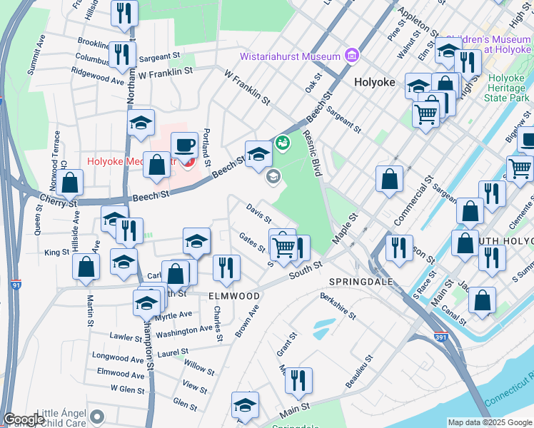 map of restaurants, bars, coffee shops, grocery stores, and more near 32 Davis Street in Holyoke