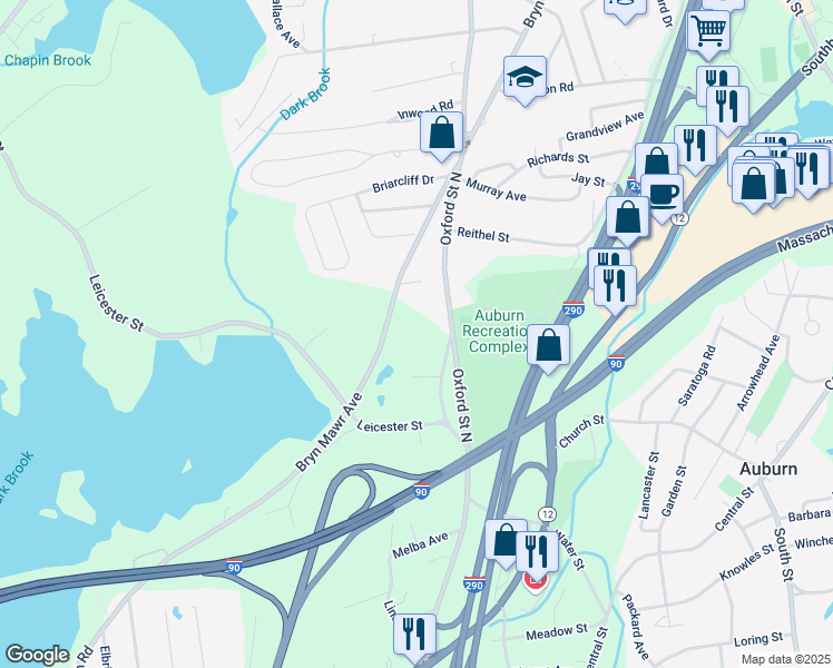 map of restaurants, bars, coffee shops, grocery stores, and more near 410 Oxford Street North in Auburn
