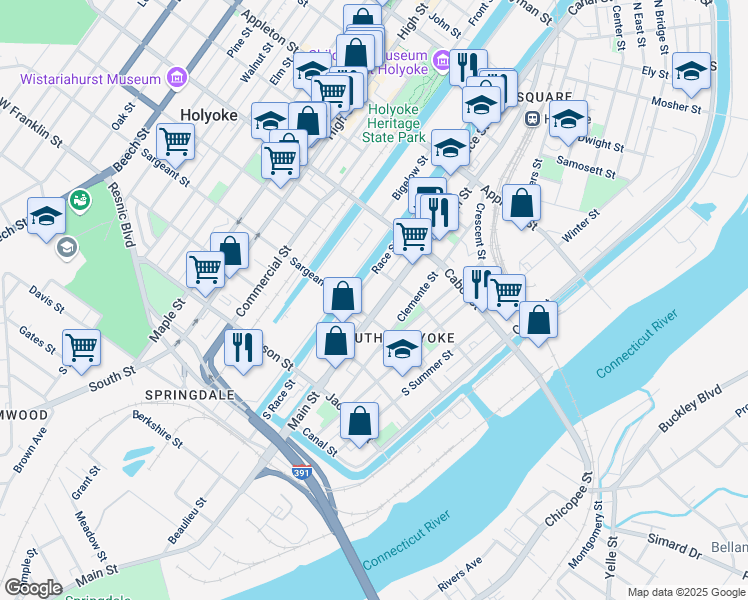 map of restaurants, bars, coffee shops, grocery stores, and more near 454 Main Street in Holyoke