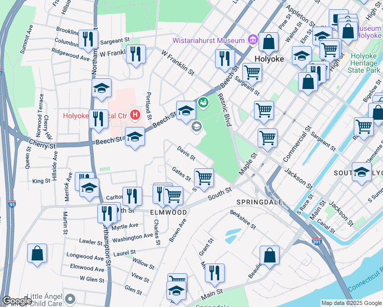 map of restaurants, bars, coffee shops, grocery stores, and more near 32 Davis Street in Holyoke