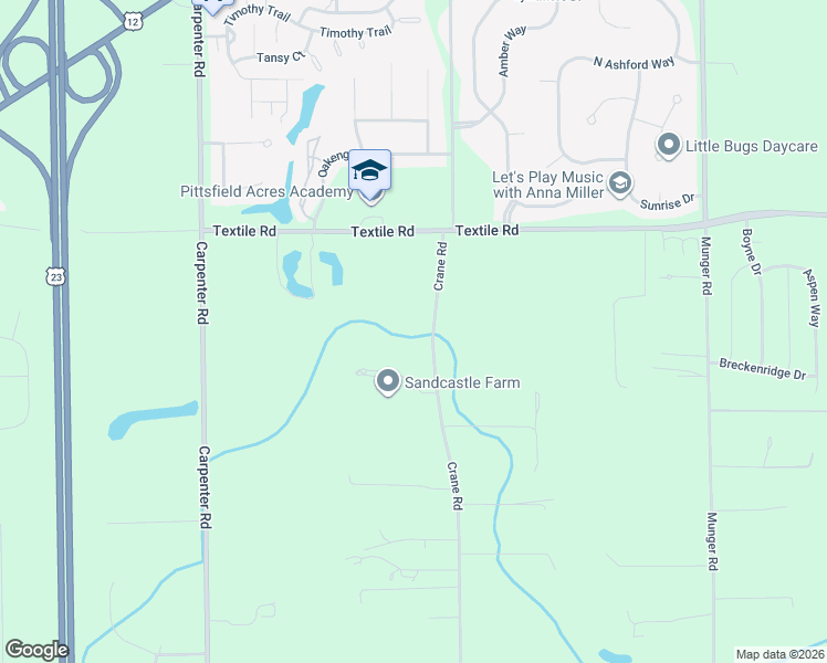 map of restaurants, bars, coffee shops, grocery stores, and more near 6266 Crane Road in Ypsilanti