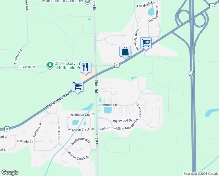 map of restaurants, bars, coffee shops, grocery stores, and more near 6312 Harlequin Lane in Ypsilanti