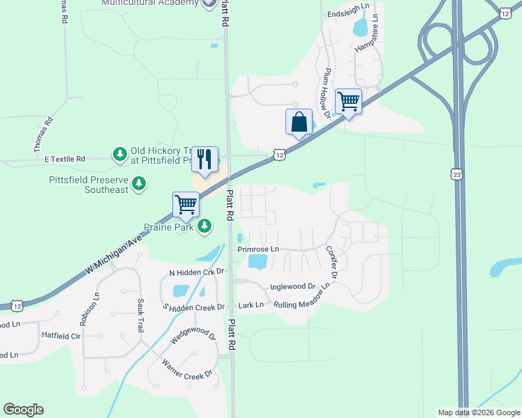 map of restaurants, bars, coffee shops, grocery stores, and more near 6312 Harlequin Lane in Ypsilanti