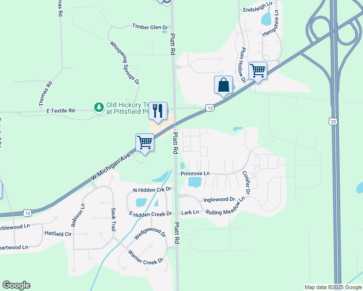 map of restaurants, bars, coffee shops, grocery stores, and more near 6352 Thumpeter Lane in Ypsilanti