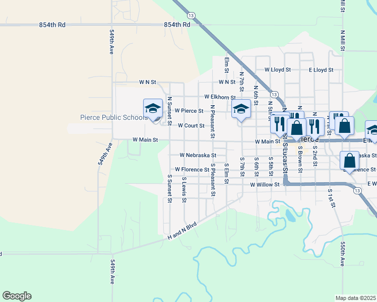 map of restaurants, bars, coffee shops, grocery stores, and more near 900-998 West Nebraska Street in Pierce