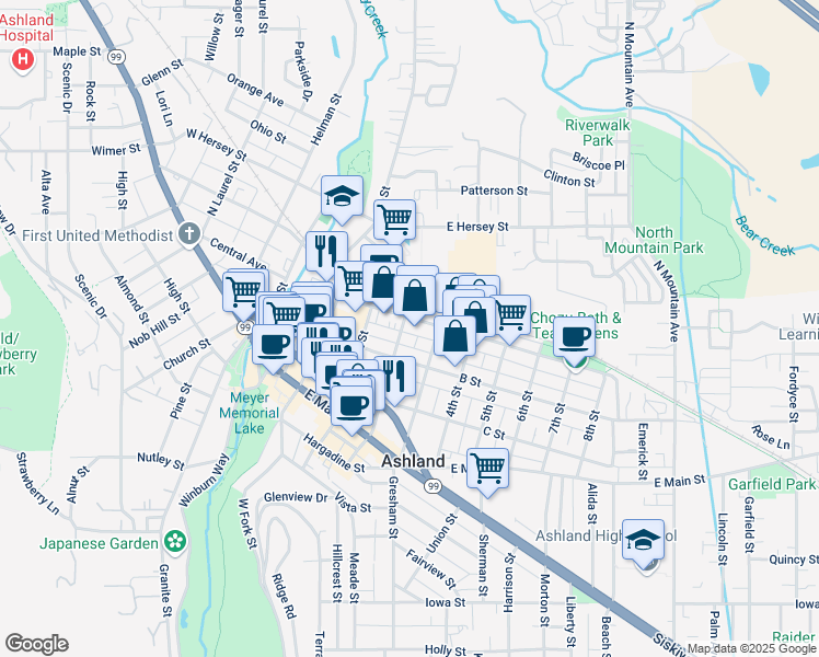 map of restaurants, bars, coffee shops, grocery stores, and more near 257 3rd Street in Ashland