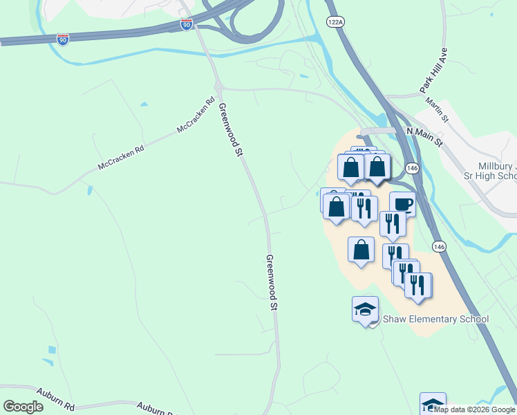 map of restaurants, bars, coffee shops, grocery stores, and more near 410 Greenwood Street in Millbury
