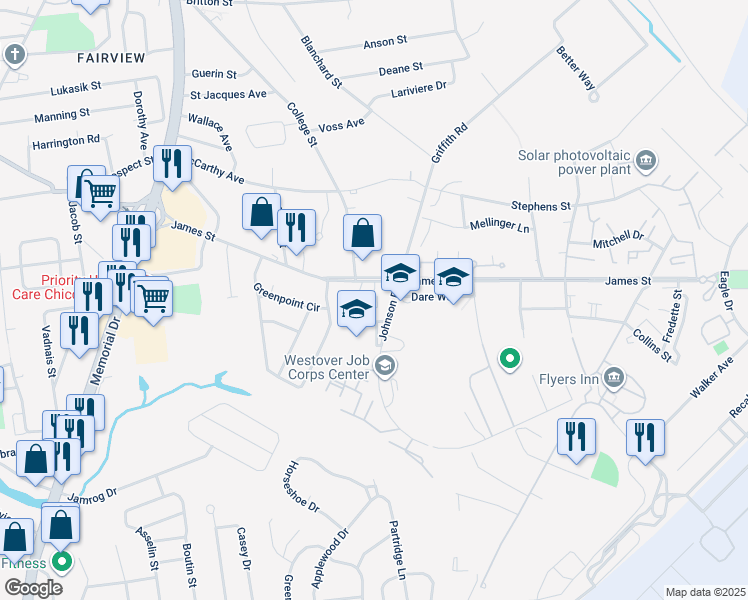 map of restaurants, bars, coffee shops, grocery stores, and more near 816 James Street in Chicopee
