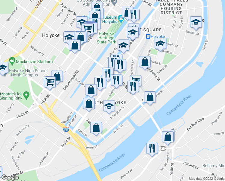 map of restaurants, bars, coffee shops, grocery stores, and more near 54 Hamilton Street in Holyoke