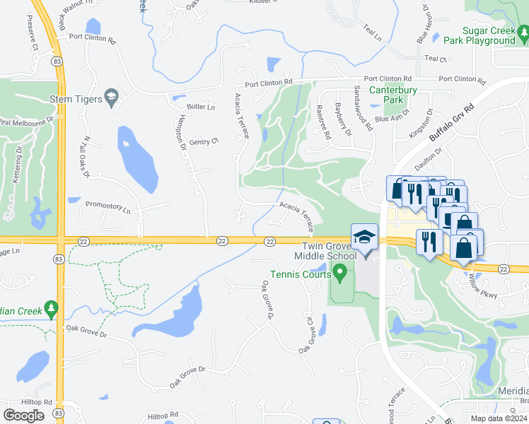 map of restaurants, bars, coffee shops, grocery stores, and more near 2720 Acacia Terrace in Buffalo Grove