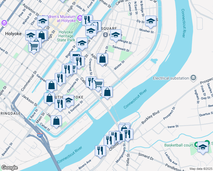 map of restaurants, bars, coffee shops, grocery stores, and more near 475 South Canal Street in Holyoke