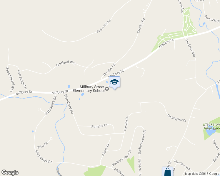 map of restaurants, bars, coffee shops, grocery stores, and more near 105 Millbury Street in Grafton