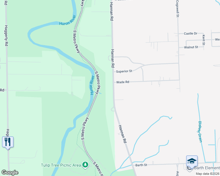 map of restaurants, bars, coffee shops, grocery stores, and more near 14354 Hannan Road in Romulus
