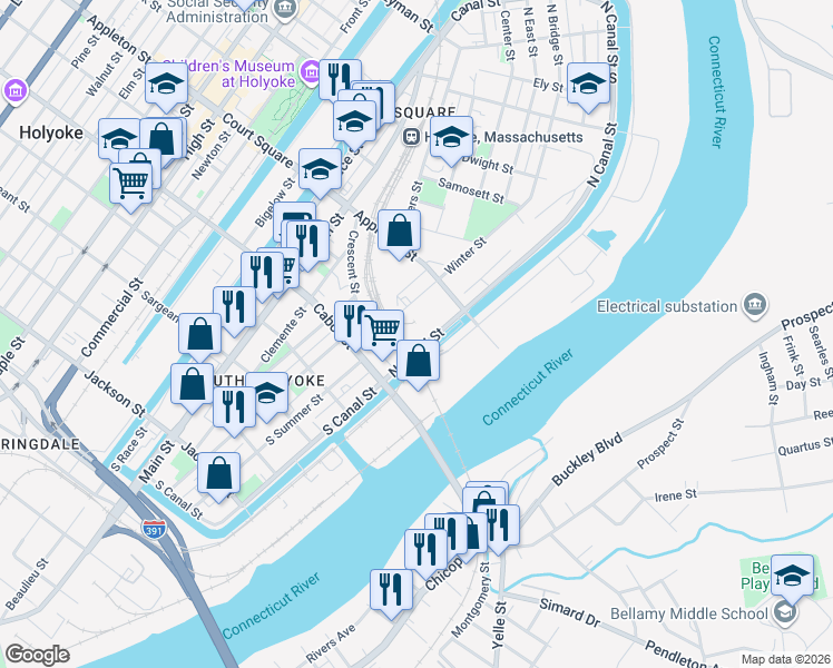 map of restaurants, bars, coffee shops, grocery stores, and more near 475 South Canal Street in Holyoke