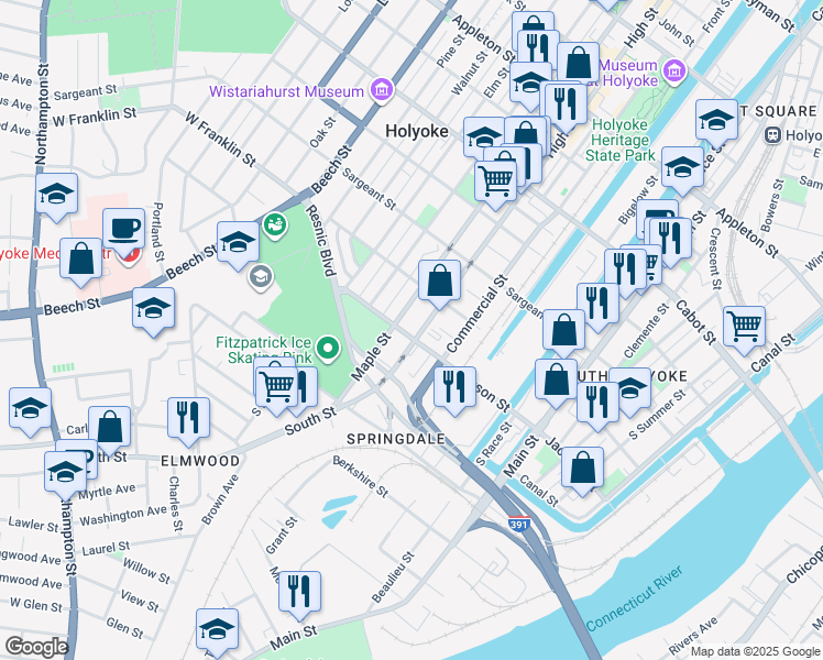 map of restaurants, bars, coffee shops, grocery stores, and more near 805 High Street in Holyoke