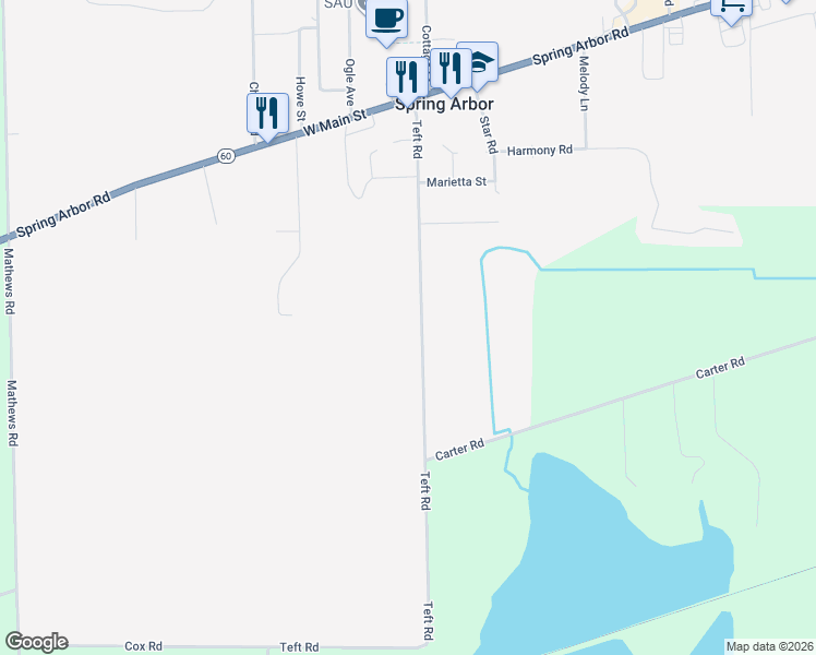 map of restaurants, bars, coffee shops, grocery stores, and more near 341 Teft Road in Spring Arbor