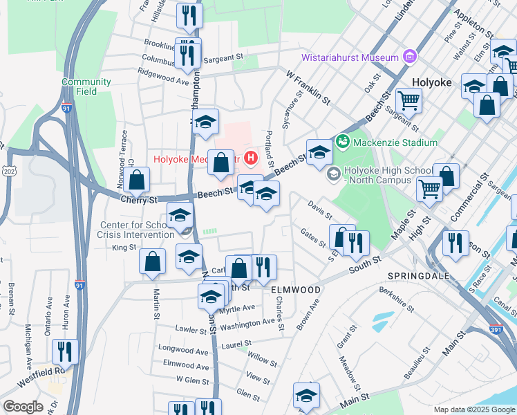 map of restaurants, bars, coffee shops, grocery stores, and more near 1916 Northampton Street in Holyoke