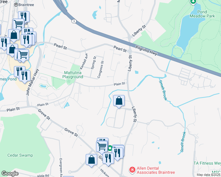 map of restaurants, bars, coffee shops, grocery stores, and more near 84 Poulos Road in Braintree