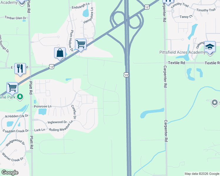 map of restaurants, bars, coffee shops, grocery stores, and more near 3488 Primrose Lane in Ypsilanti