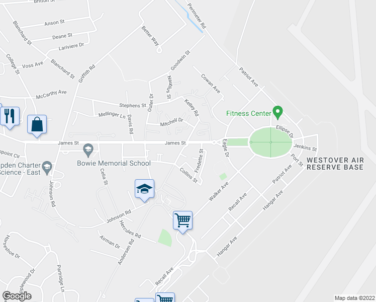 map of restaurants, bars, coffee shops, grocery stores, and more near 81 Andersen Road in Chicopee