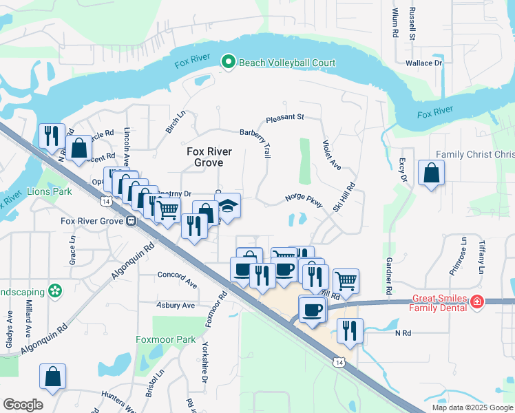 map of restaurants, bars, coffee shops, grocery stores, and more near in Fox River Grove