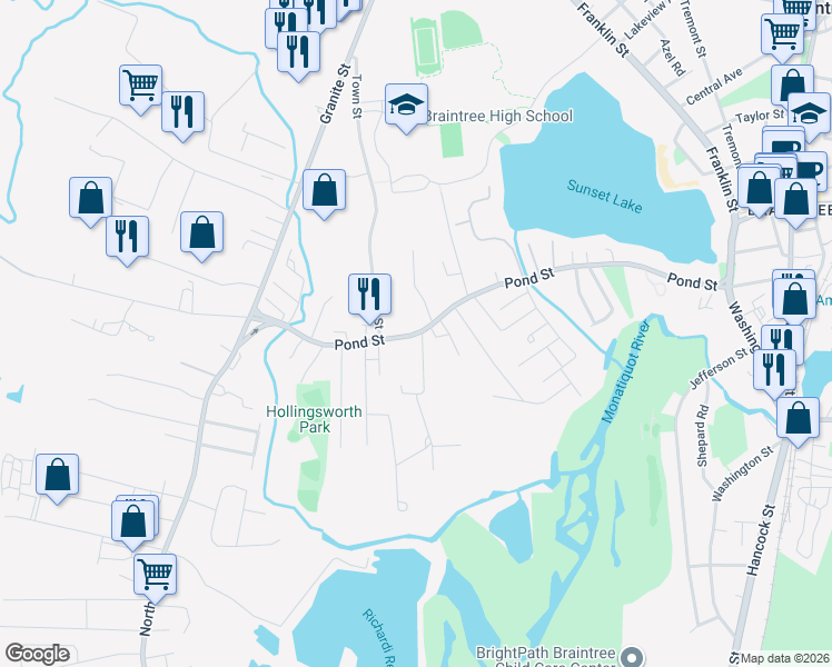 map of restaurants, bars, coffee shops, grocery stores, and more near Pond Street in Braintree