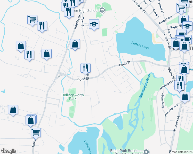 map of restaurants, bars, coffee shops, grocery stores, and more near Pond Street in Braintree