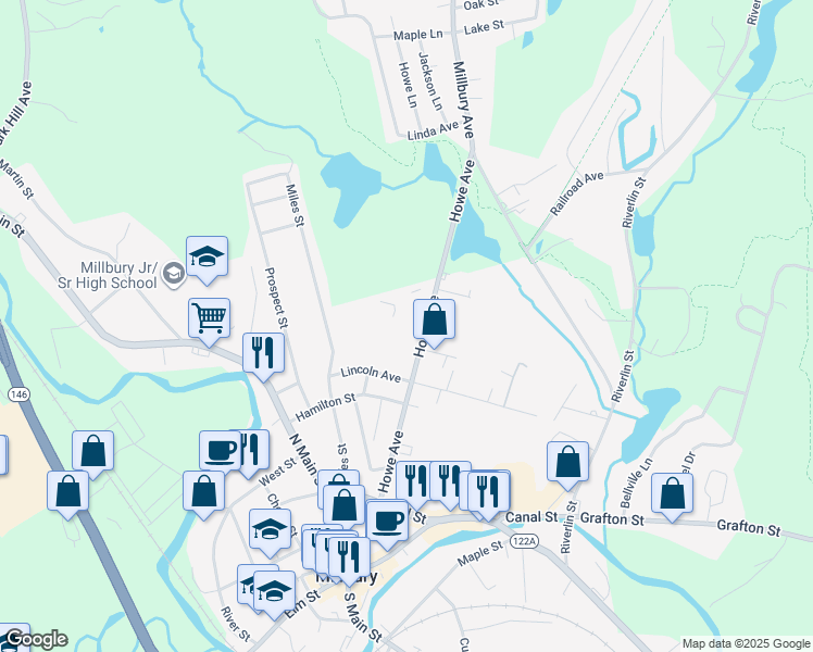 map of restaurants, bars, coffee shops, grocery stores, and more near 5 Patriots Place in Millbury
