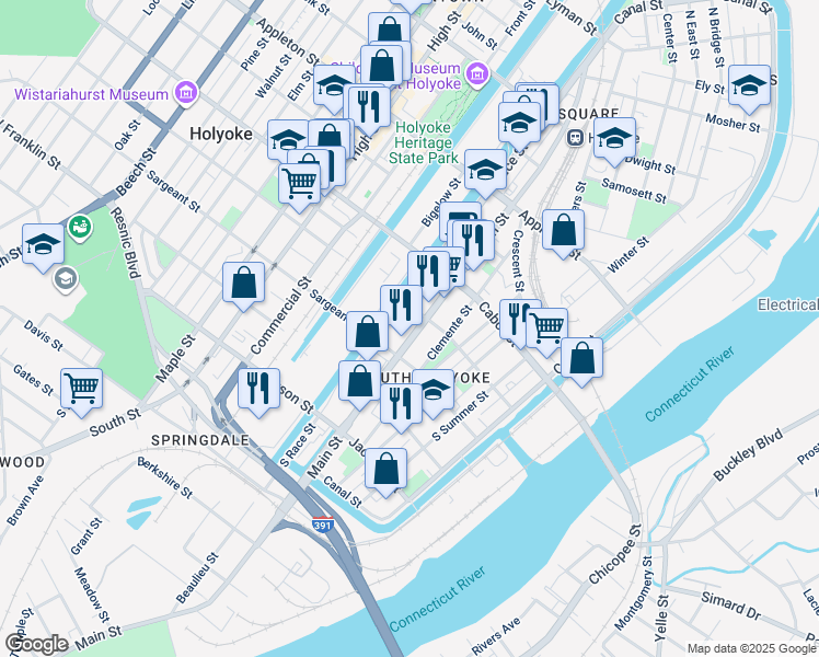 map of restaurants, bars, coffee shops, grocery stores, and more near 454 Main Street in Holyoke