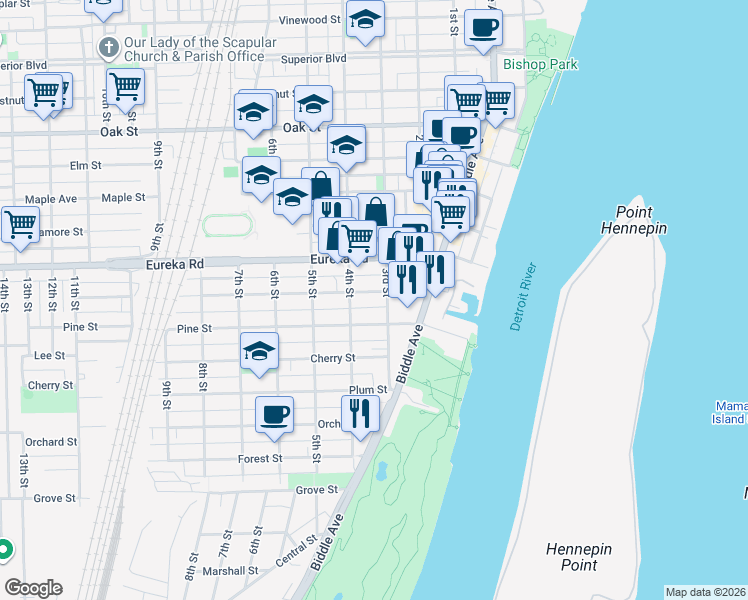 map of restaurants, bars, coffee shops, grocery stores, and more near 342 Pine Street in Wyandotte