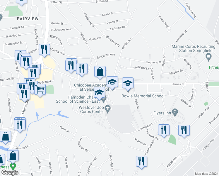 map of restaurants, bars, coffee shops, grocery stores, and more near 104 Johnson Road in Chicopee