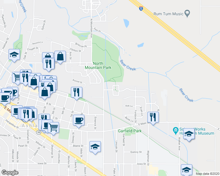 map of restaurants, bars, coffee shops, grocery stores, and more near 1125 Village Green Dr in Ashland