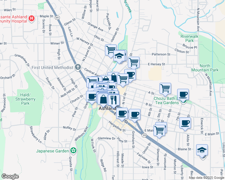 map of restaurants, bars, coffee shops, grocery stores, and more near 208 Oak Street in Ashland