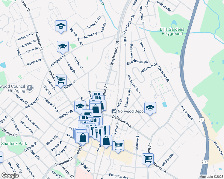 map of restaurants, bars, coffee shops, grocery stores, and more near 460 Washington Street in Norwood