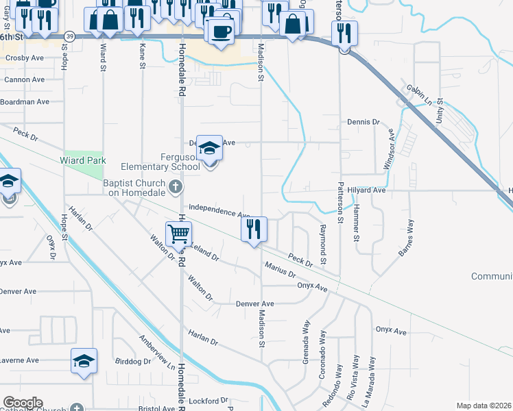map of restaurants, bars, coffee shops, grocery stores, and more near 3036 Madison Street in Klamath Falls