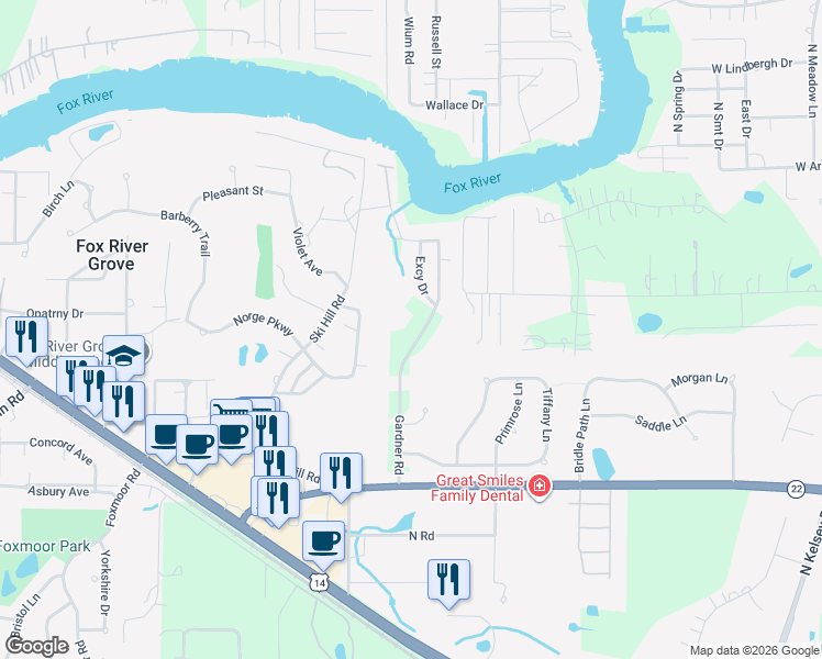 map of restaurants, bars, coffee shops, grocery stores, and more near 9019 Gardner Road in Fox River Grove